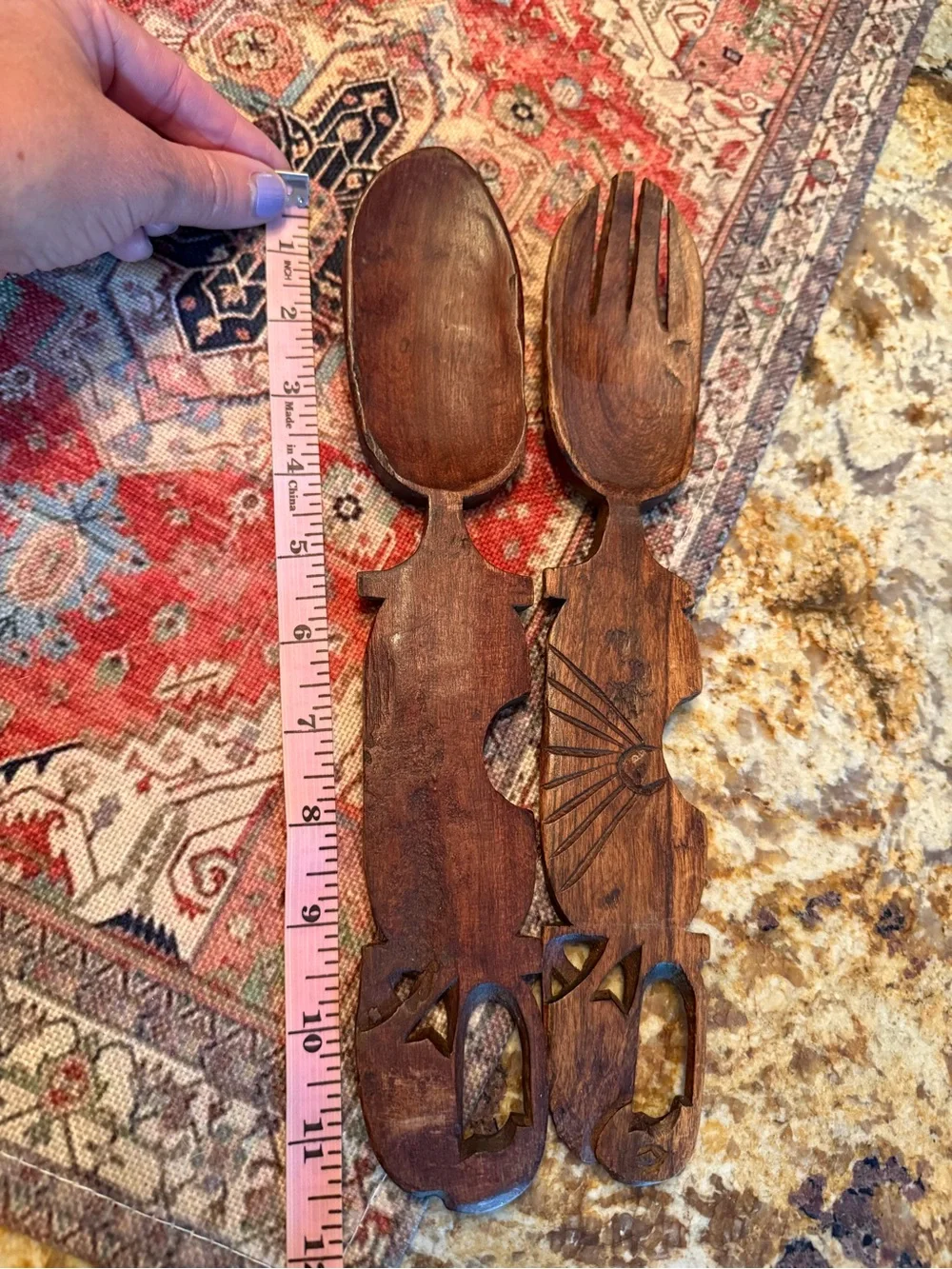 Wooden Salad Spoon Fork Set Utensil Hand Carved 12 Inch